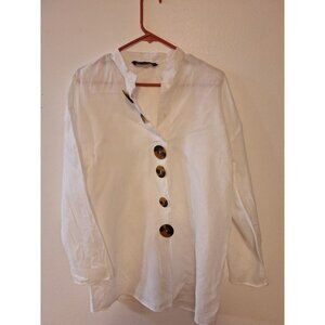 ZARA Sz S Sm Women White Linen Shirt Long Sleeve Buttons Beach Vacation Light